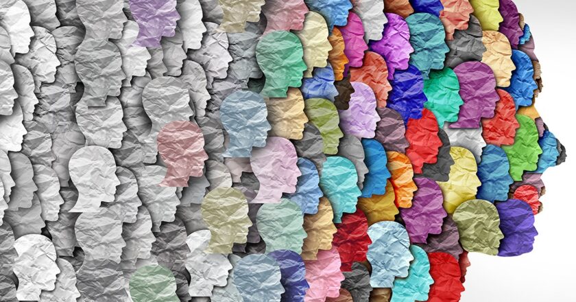 An illustration of many faces with different colours